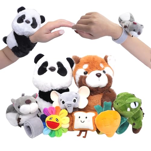 8 Pcs Slap Bracelets Stuffed Animal for Kids, Plush Animal Snap Bracelets Cutie Cuff Sticky Rolls Bracelet Huggers Toy Wrist for Girls Boys Child Gift Party Favors Birthday(style A)