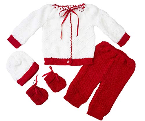 FLVFF BABY Fashion Newborn Boy's Girl's Unisex Warm Winter Crochet Set 4 Pieces (White/Red)