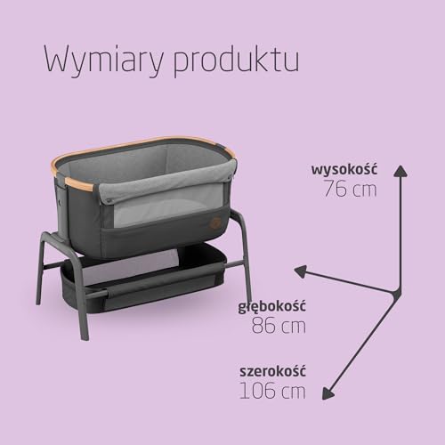 Maxi-Cosi Iora Łóżeczko Przystawka, Co-sleeper, 0–6 mies., maks. 9 kg, 4 Poz. Odchylenia i 5 Wysokości, Łatwe Przesuwanie, Wygodny Materac, Duży Kosz, Łatwe Przenoszenie, Essential Graphite