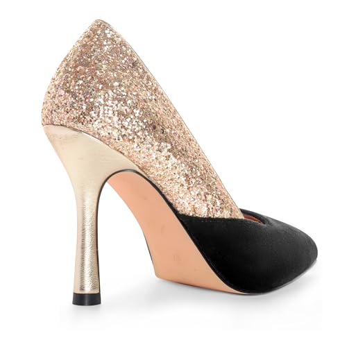 ANN CREEK Women's Pumps Sparkly High Heels Stiletto Classic Pointed Toe Patchwork Shoes for Wedding, Party, Dress Black Gold Size 9.53