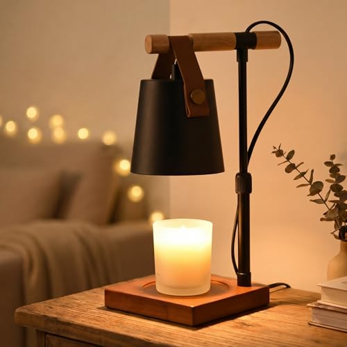 Decorative Candle Warmer Lamp, Adjustable Height Wax Warmer with Wood Crossbar, Dimmable Electric Candle Heater with Timer, Aesthetic Minimalist Home Decor for Jar Candles, Men Bedroom Gift