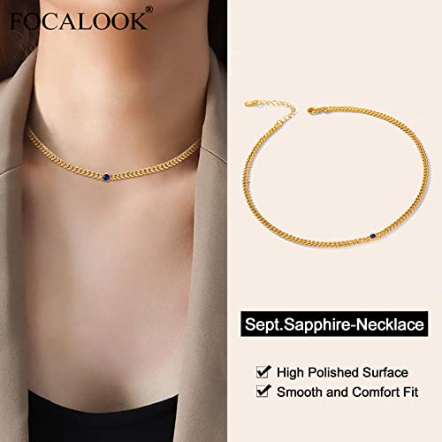 Focalook 18K Gold Plated September Round Birthstone Synthetic Sapphire (4Mm) Cz Dainty Choker Necklace | Gold Necklaces Chains For Women #TOP2