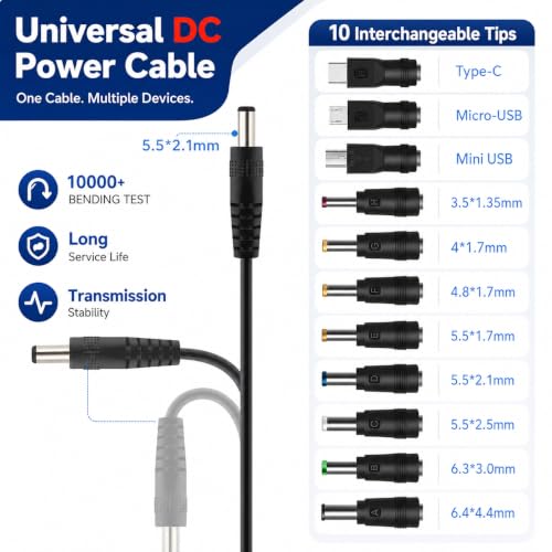 Image of Verilux 12V Car Charger Kit (Max 10A) & 5V DC Power Cable | Charger Cable with 11 Connectors for DVD Player, Camera, GPS, Bluetooth Speakers, Shaver Fans