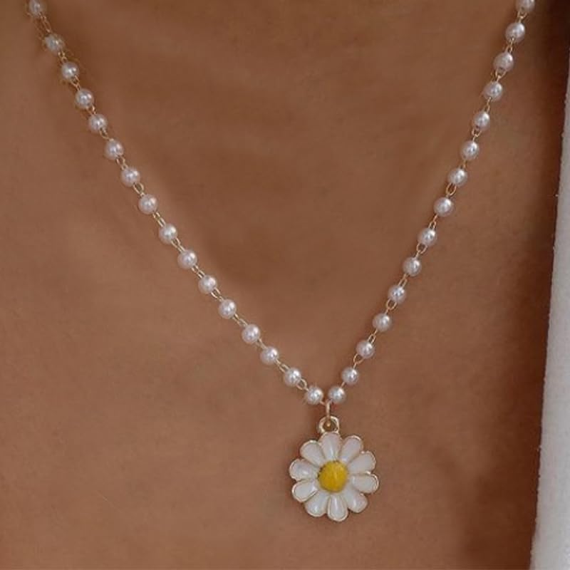 White Pearl Daisy Pendant Necklace for Women - Boho Sunflower Pearl Chain Necklace - Daisy Themed Birthday Gifts - Image 3
