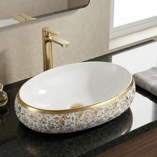 Image of InArt Designer Ceramic finish Wash Basin /Vessel Sink /Over or Above Counter Top Wash Basin for Bathroom Oval Shape, Golden (White, 24 x 16 x 6 Inch)