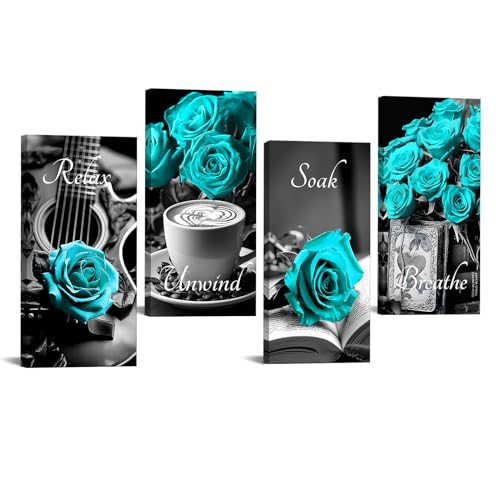 iKNOW FOTO Juego de 4 piezas de decoración de pared de lienzo de rosa blanca y negra para baño, arte rústico romántico floral de granja - Letreros de "relajarse, remojar, respirar, relajar" - 6 x 12