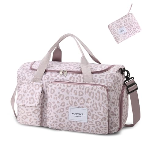 WOOMADA Foldable Travel Duffel Bag with Shoes Compartment, Overnight Bag with Wet Pocket & Trolley Sleeve, Weekender Bags for Women(A-pink leopard)