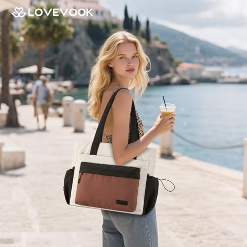 Image of LOVEVOOK Tote Bag for Women, 15.6 inch Laptop Work Bag with Cup Holder | 15.6 inch Padded Laptop Compartment Lightweight Puffer Design Multiple Organized Pockets Work, Travel & Everyday Ready