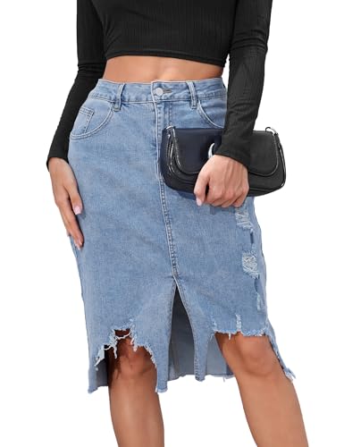 SDEER Women's Denim Skirt Casual Stretch High Waist Ripped Jean Skirts Front Split A Line Distressed Midi Denim Skirts