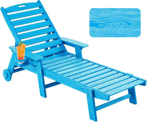 Image of Patio Chaise Lounge Chair Outdoor with Wheels, Oversize Patio Lounge Chairs with Wood Texture, HDPE 6-Position Plastic Lounge Chairs for Poolside, Patio, Deck, Beach，Blue