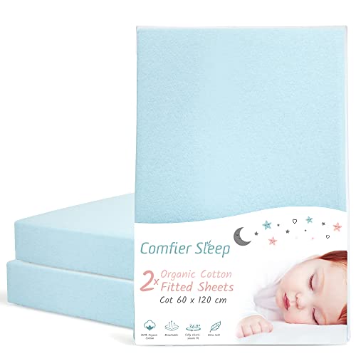 Blue Cot Sheets 120x60 Fitted - Organic Cotton 2 Pack - Soft and Secure Mattress Fit, 60 x 120 cm