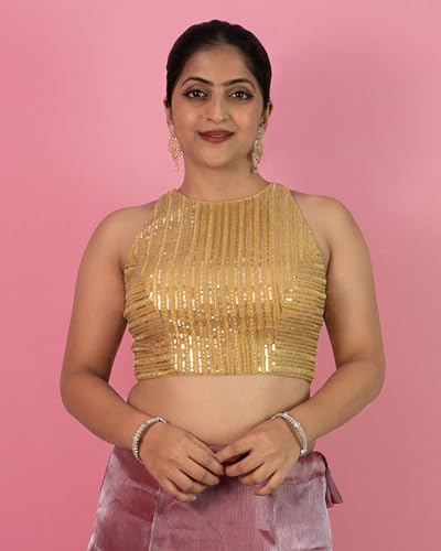 FIGURE'S DESIGNER Women's Sequin Embroidered Round Halter Neck Sleeveless Readymade Saree Blouse E23