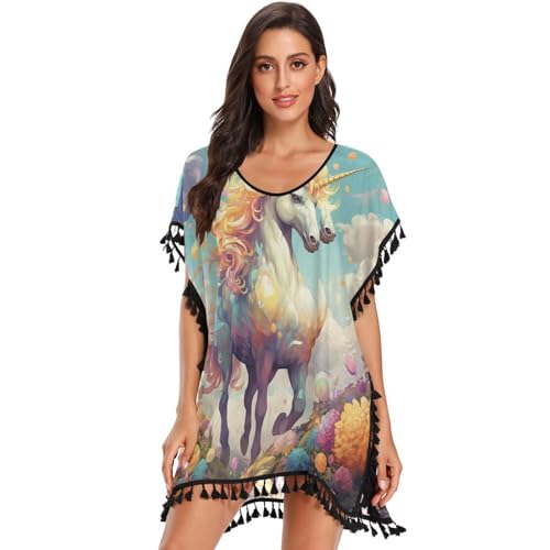 Colorful Unicorns Art Women's Beach Cover Up Chiffon Tassel Swimwear Swimsuit Coverups for Girl