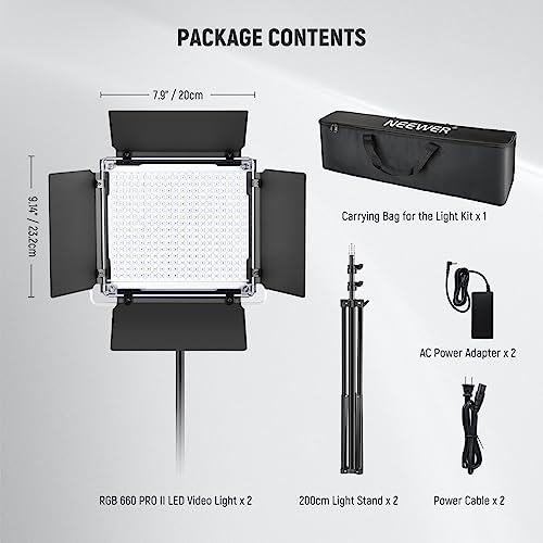 NEEWER Upgraded 660 PRO II RGB LED Video Light with App Control & Tripod Stand Kit, 2 Pack 50W/1% Min Dimming/CRI97+/3200~5600K Key Lighting for Game Streaming YouTube Recording Studio Photography