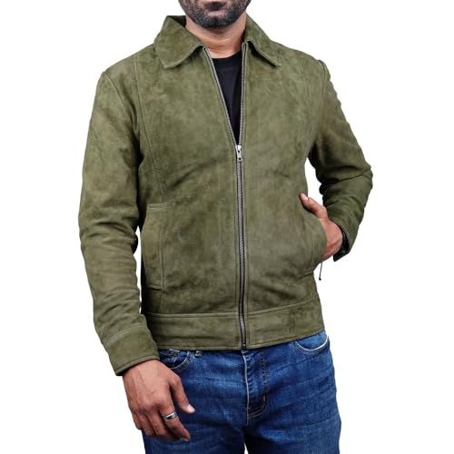 Image of Mens Polo Collar Zipper Suede Shirts Long Sleeve Shacket Suede Trucker Jacket Real Suede Leather Shirt
