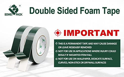 Image of BOMEI PACK 1.18inch x 16.4ft Double Sided White Foam Tape for Automotive, Molding, LED, Sealing, for Home, Office | 2mm Thick, 2 Rolls