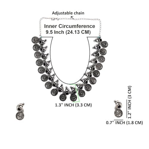 Efulgenz Oxidized Indian Jewelry Set Choker Necklace and Earrings Indian Jewelry Set for Women Oxidized Antique Bohemian Crystal Stone Mahalaxmi Coin Peacock Necklace Earrings Fashion Jewelry by Efulgenz - Image 5