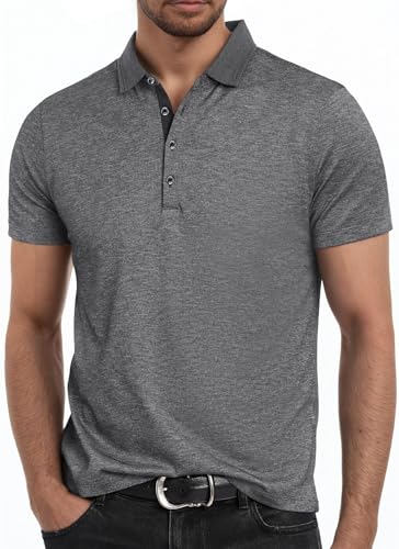 HYLYLEED Mens Polo Golf Shirts Casual Short Sleeve Button Up Collared T-Shirt Fashion Work Business Tee Tops 017 Dark Grey Small HYLYLEED Mens Polo Golf Shirts Casual Short Sleeve Button Up Collared T-Shirt Fashion Work Business Tee Tops 017 Dark Grey Small