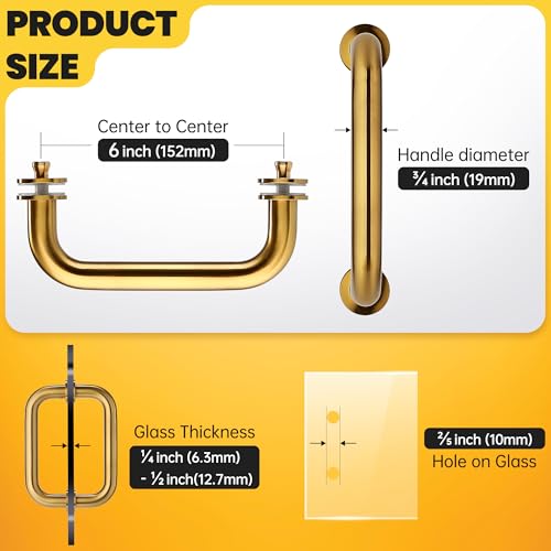 Kolet Shower Door Handle, 6 Inche Center to Center Glass Shower Door Handle, 304 Stainless Steel, Compatible with 1/4" to 1/2" Glass, Secure with Hidden Screw, Brushed Gold by Kolet - Used condition - Image 6