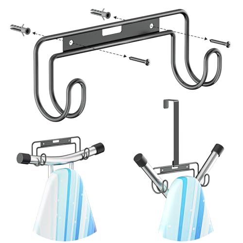 XILIMEN Ironing Board Hanger, Iron Holder Wall Mount, Ironing Board Storage Holder with Removable Hooks, Wall Mounted Ironing Board for Laundry, Hotel Rooms (Black)