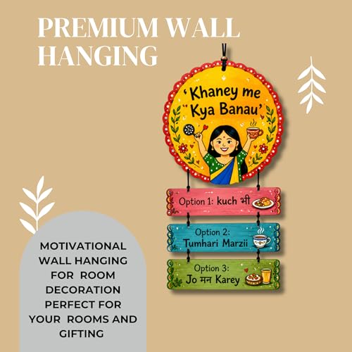 Image of Dakshestry Artworks Funny Hindi Quote Kitchen Wall Hanging | Wooden Kitchen Decor Sign Board | inchKhaney Me Kya Banau inch Wall Art for Dining Room, Cafe, Restaurant & Indian Home Decoration
