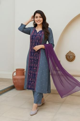 Image of ANNI Designer Women's Rayon Viscose Printed Straight Kurta with Pant and Dupatta | Stylish Ethnic Wear Set for Women | Casual, Festive & Office Wear Kurti Set