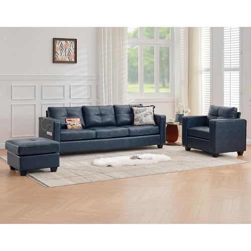 TYBOATLE Blue Leather Sofa Couch Sectional Couches for Living Room, Comfy L Shaped Sofas with USB & Ottoman, Home Office 3 Piece Living Room Sofa Set with Chaise for RV Apartment Bedroom