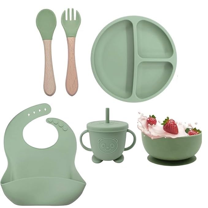 BPA Free Silicone Baby Feeding Set | for 6+ Months, Baby Led Weaning Supplies with Suction Plate & Bowl, Pocket Bib, Sippy Cup with Lid, Fork & Spoon Set, Non-Slip Feeding Set-image-23