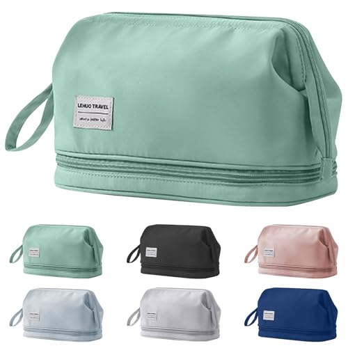 Makeup Bag with Compartments Travel Makeup Bags Large Makeup Bag Wide-Open Zipper Pouch Waterproof Toiletry Bags for Women Ladies (Green, One Size)