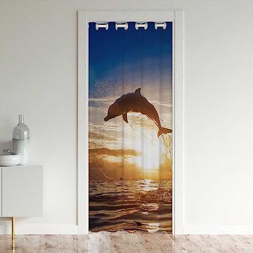 Rideau de Porte de Dauphin,Rideau D'Occultation de Thème Marin,Rideau de Porte Abstrait de Silhouette de Dauphin de Bête de Mer Côtière,Rideau de Séparation Pièce Atif de Soleil Coloré,106x203