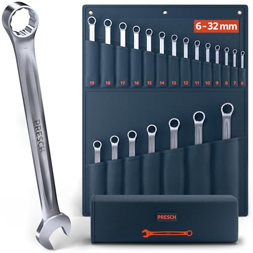 PRESCH Maulschlüssel Set 21tlg. inkl. Tasche (8-32mm) - Passgenaues Schraubenschlüssel Set - 15° abgewinkelt für Arbeiten an beengten Stellen - Robuster, präzisionsgefertigter Ring Maulschlüsselsatz