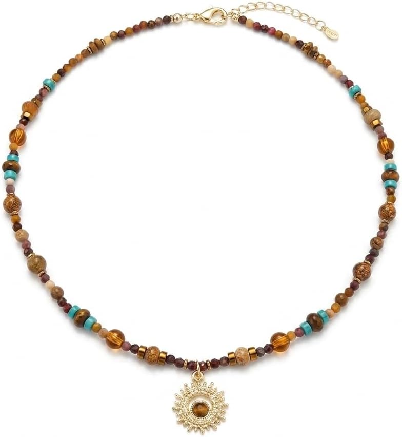 Tigers Eye Brown Turquoise Sun Pendant Beaded Necklace for Women