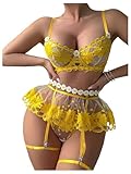 RoseSeek Women's 5 Piece Floral Embroidered Garter Lingerie Set Sheer Mesh Underwire Bra and Thong Set Nightwear Yellow Medium