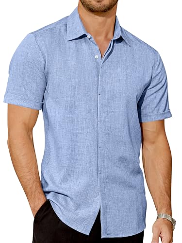 Mens Button Down Short Sleeve Shirt Linen Textured Summer Casual
