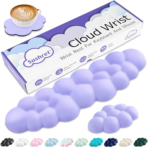 Image of Sushret Cloud Wrist Rest Keyboard, Cloud Keyboard Wrist Pad Set with PU Leather Memory Foam, Cute Arm Rest for Palm Support, PC /Gaming Desk Accessories /Office Setup /Computer Hand Cushion - Purple