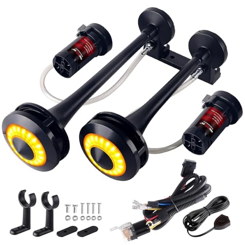 Image of Dual Tone 12V Air Horn Kit with Light Cover, 150DB Super Loud Truck Horn with 2 Compressors,Metal Train Horn for truck,Car,Motorcycle,Boat,SUV,Off-Road Vehicle(2 speakers with button)