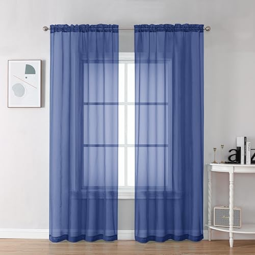 Image of Chyhomenyc Royal Blue Sheer Curtains 78 Inches Long 2 Panels Set for Living Room, Light Filtering Voile Lightweight Bedroom Curtains, Rod Pocket Solid Window Treatment Drapes, Each 42W x 78L