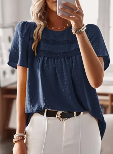 Image of Falechay Womens Summer Tops Crewneck Short Sleeve Shirts Casual Chiffon Blouses Flowy Lace Hem Boho Clothing Trendy 2026