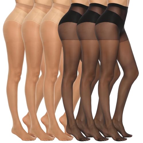 MANZI 6 Pairs Women's 20D Sheer Silky Pantyhose Run Resistant Nylon Tights High Waist Stockings with Control Top(3 Black +3 Natural,S