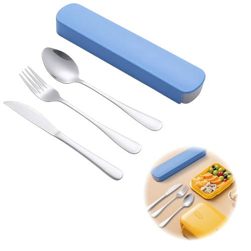 Cubiertos Camping-Juego de Cubiertos de Acero Inoxidable 3 Piezas para Lunch Box y Camping,Cuchara Tenedor Cuchillo con Estuche de Transporte Azul, Ideal para, Comida de Oficina y Viajes