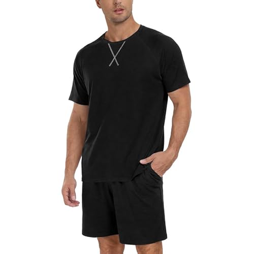 Marvmys Mens Pajama Set Cotton Summer Pjs Short Sleeve Sleepwear Lightweight Pajamas 2 Pieces Loungewear with Pockets S-2XL Small A-black