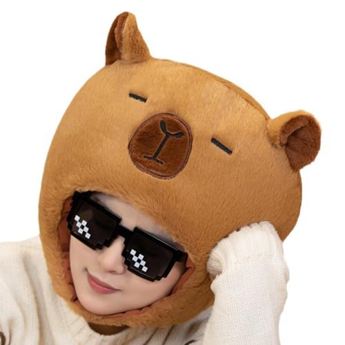 Stuffed Capybara Headwear, Cute Plush Capybara Hat for Kids and Adults, Winter Warm Funny Cartoon Masque Cap, Perfect Novelty He