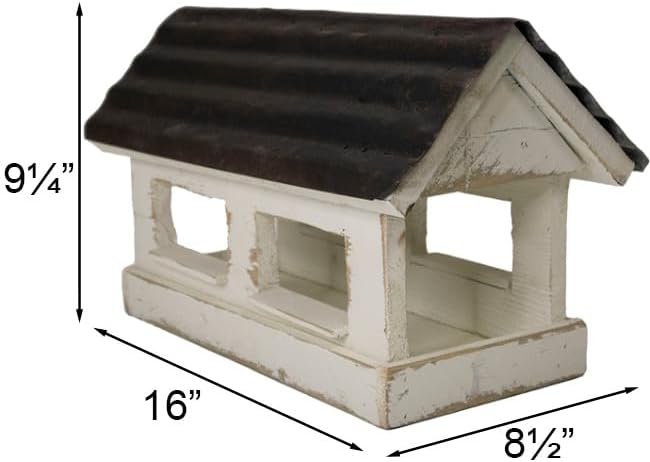 Bird in Hand Amish Made Small Covered Bridge Bird Feeder – Rustic White Reclaimed Wood Fly-Through Feeder – 0.8 Qt Capacity, Post Mount, Made in USA
