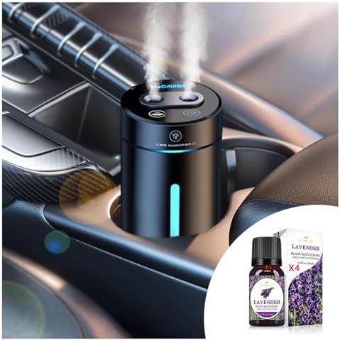 Smart Car Air Fresheners Rechargeable Ultrasonic Atomized Refreshing Experience Contains 4 Bottles of 10ml French Natural Fragrance Adjustable Concentration Auto On/Off Use in Car or Home(Black)