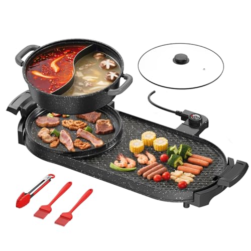 AORAN Electric Grill and Hot Pot Combo for Indoor Cooking, 2200W Detachable Dual Zone BBQ Griddle with Removable Split Pan, Non-Stick Surface, 29x11 Inch Family Size, Includes Grill Tools & Oil Paper