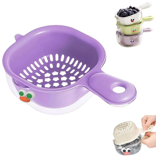 Tendency Draining Basket, Kitchen Dual-Layer Draining Basket with Handle, Fruit Vegetable Plastic Drainer Bowl, Multipurpose Portable Storage Fruit Washing with Strainer (Purple)