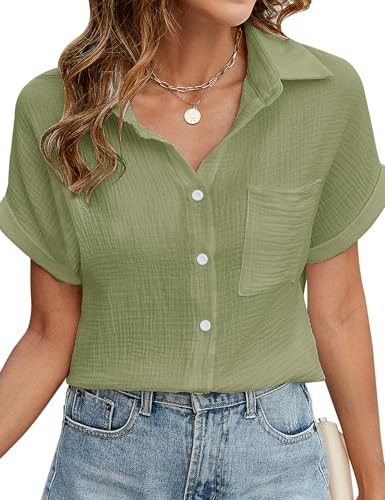 Niwicee Damen Bluse Kurzarm aus 100% Baumwolle - Elegante V-Ausschnitt Hemdbluse mit Button-Down & Brusttasche - Leichtes Musselin Oberteil als Tunika oder Sommer Top(Grün,M)