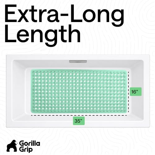Image of GORILLA GRIP Patented Bath Tub Shower Mat, Machine Washable Bathtub Floor Liner Mats, Suction Cups and Drain Holes to Keep Tubs Clean, Soft on Feet, Bathroom Essentials, 35x16 Inch, Clear Green