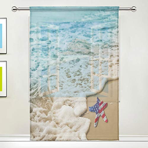 BKEOY Rideaux voilages pour fenêtre de mer Plage USA Drapeau Etoile de mer Rideau pour maison, salon, chambre à coucher, cuisine 55 x 78 pouces 1 panneau,...