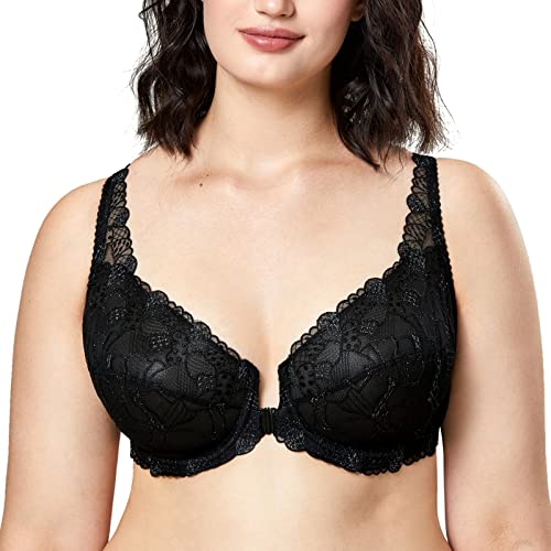 DELIMIRA Sujetador de Encaje Cierre Frontal sin Relleno con Aros para Mujer Negro 115D Cover